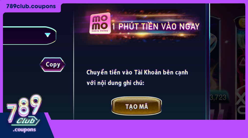 Giao diện ứng dụng ví điện tử Momo hoặc ZaloPay, cho phép người dùng thực hiện giao dịch nạp tiền vào tài khoản 789Club.